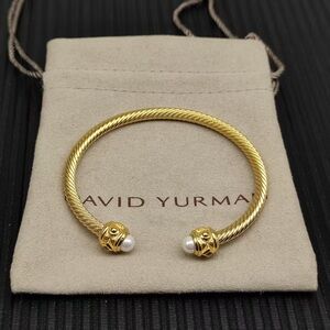 David Yurman Gold Cable Bracelet with Pearl Ends